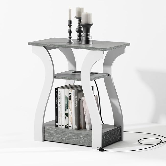 FROMJBEST End Tables Living Room, Grey End Table with Charging Station, Grey Side Table, Nightstand for Bedroom, 3 Tier End Table with Storage Shelf for Living Room