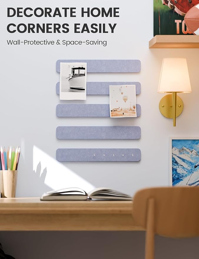 Fluxynara Cork Board Alternative Felt Strip Board 8-Pack 13"x2", Office Pin Board with 50 Push Pins, Adhesive Install for Bedroom Door & Home Office(Soft Periwinkle)