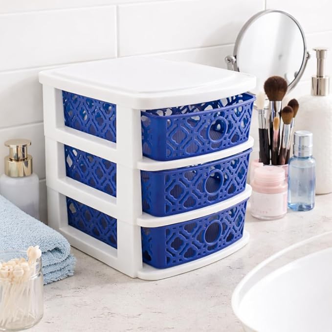 3 Drawer Basket Weave Mini Plastic Organizer Makeup HBA Cosmetics Arts & Crafts Desktop Stationary (Blue)