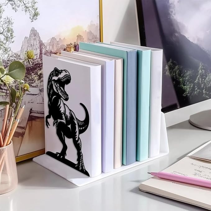 Peacoblue Metal Bookends for Shelves, Modern Decorative Heavy Duty Study Book Ends Stoppers for Office, Desk, Shelf, Room 5.3"x4.3"x7.9" Cast Iron Simple Tall Bookends 1 Pair (Tyrannosaurus Rex)
