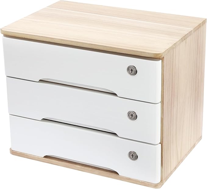 Wood Desk Organizer with 3 Drawers, Lockable Desktop Countertop Storage Cabinet for Home Office Supplies File Tabletop Organizing Unit, 15.75" x 11.02" x 12.2" (Wood)