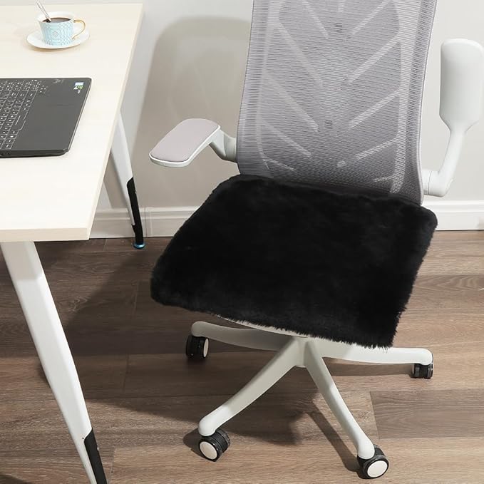 LLB Sheepskin Chair Covers Office Chair Cushion Dining Room Chair Pads Desk Chair Seat Cushion for Computer Chair Fur Area Rugs for Living Room 19x19 Inch (Pack of 1), Shearling Black