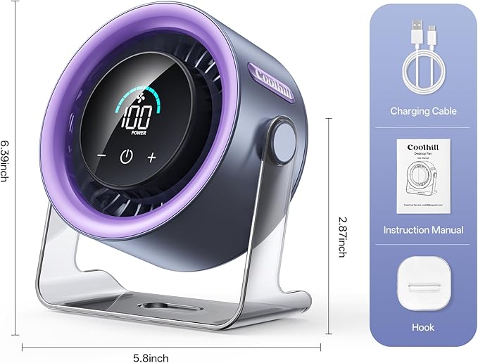 USB Desk Fan for Bedroom: 100 Speeds Digital Display Quiet Table Fan with Turbo Airflow, 120° Rotating Small Rechargeable Battery Desktop Fans for Bedroom Home Office (Purple)