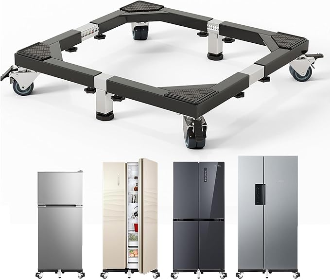 Heavy Duty All Steel Fridge Stand Mobile Base with Wheels Adjustable Washing Machine Stand Multi-Functional Base Furniture Dolly for Refrigerator Washer and Dryer（Black/Large）