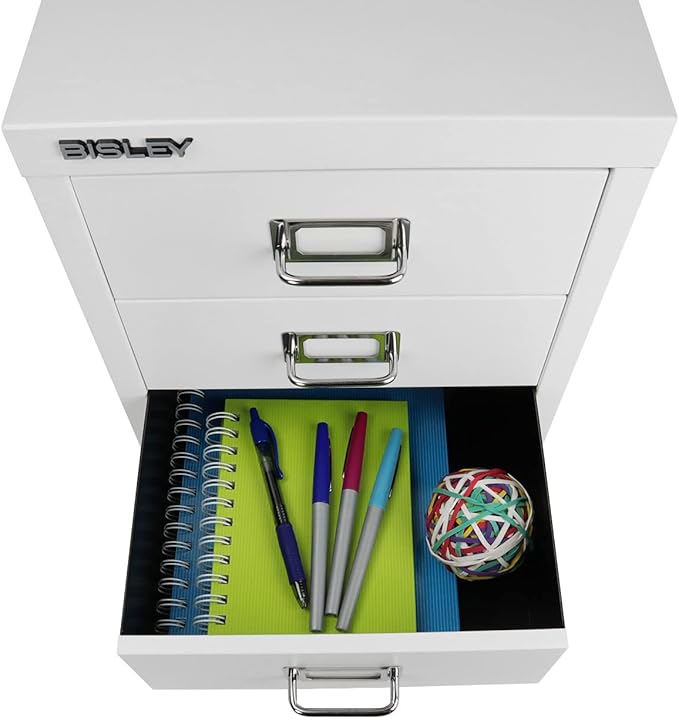 Bisley 3-Drawer Steel MultiDrawer Cabinet - Traffic White, Chrome Pull Handles with Label Holders, Powder-Coated Steel, Removable Drawers, Desktop Storage, Labels Included