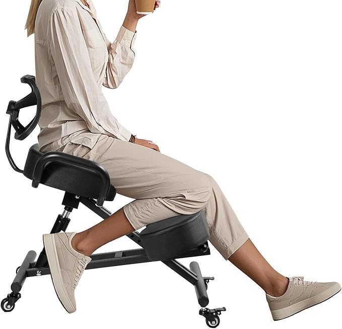 Ergonomic Kneeling Chair with Backrest & Lumbar Support, Adjustable Desk Chair with Wheels & Thick Cushion, Improve Sitting Postures & Relieve Lower Back Pressure, Perfect for Study & Work from Home