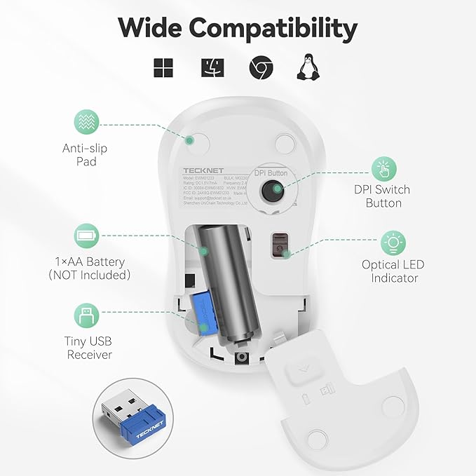 TECKNET Wireless Mouse for Laptop, 2.4G Silent Mouse Quiet Click, Small Portable Computer Mouse, 5 DPI Levels, Cordless Mice for PC, Chromebook, Mac - White