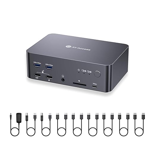 AV Access 8K DisplayPort KVM Switch 2 PC 3 Monitors, with 6 DP Cables, Triple Monitor 8K@60Hz 4K@165Hz 1080P@240Hz, USB 3.0 Hub, LAN, Audio, SD Card All-Aluminum, 12-in-1 Dock for Home Gaming