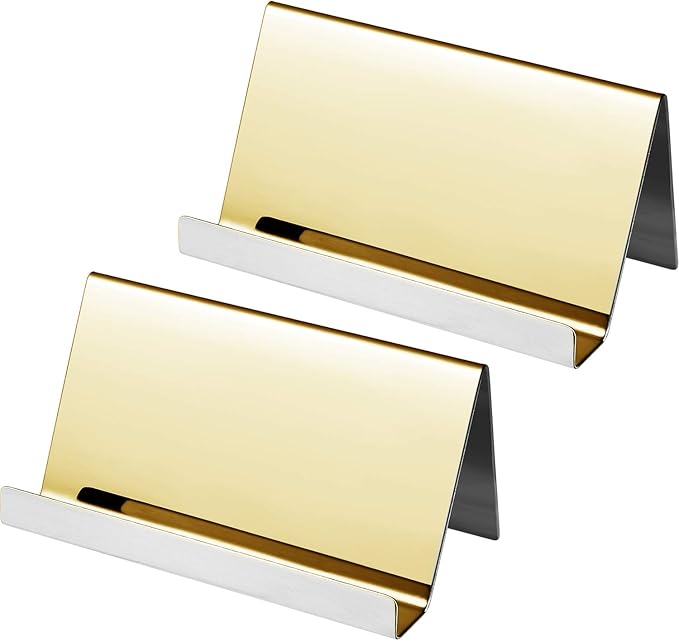 Maxdot 2 Pack Stainless Steel Business Cards Holders Desktop Credit Name Card Display Organizer for Business Mental Name Case Rack for Office Home Daily Use(Champagne Gold)