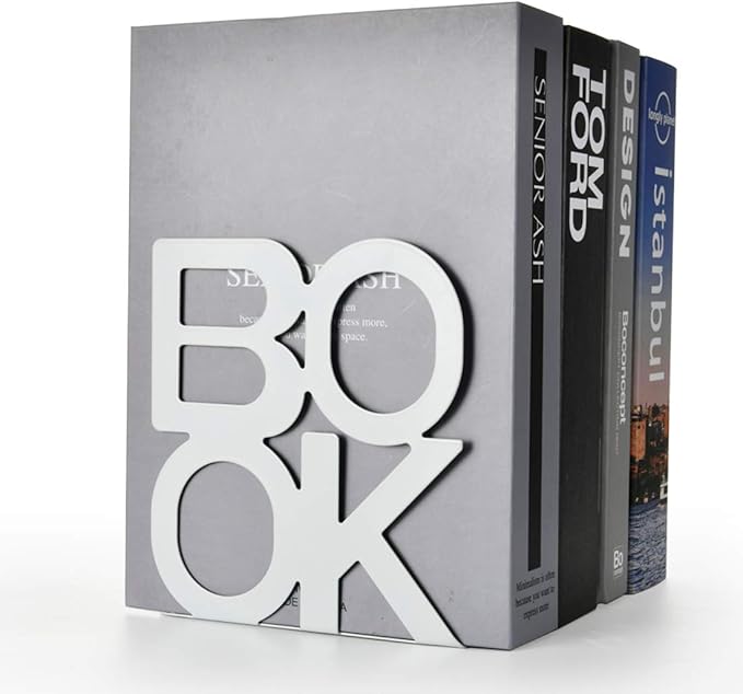 Book Ends - Decorative Metal Book Ends Supports for Bookrack Desk,Books, Unique Appearance Design,Heavy Duty (White, 8 Pair)