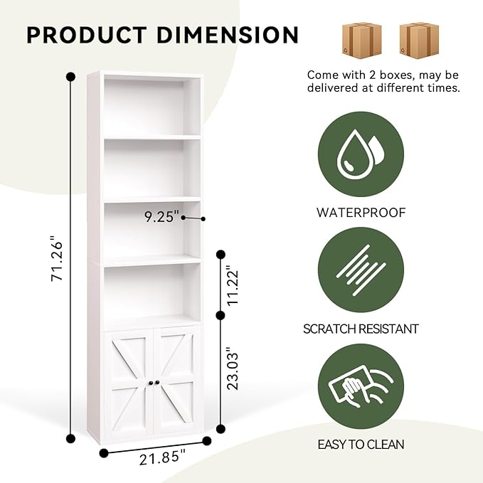 71.5" Tall Farmhouse Bookshelf, 6-Tier Bookcase with Cabinet Doors, Tall Display Shelves with Storage for Home Office, Living Room