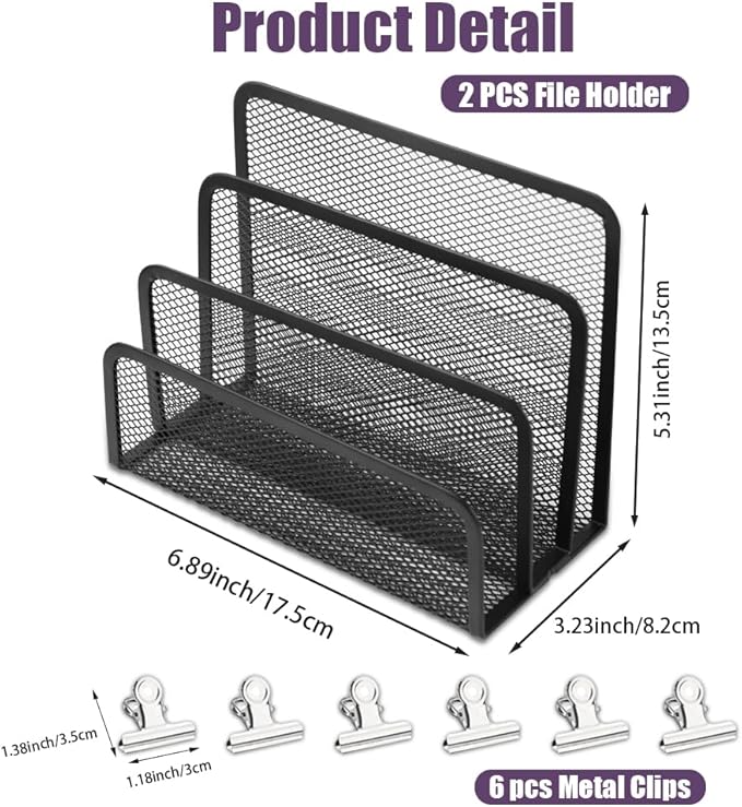 Desk Mail Organizer, 2 Pack Metal Mesh Small File Holders with 6 Metal Clips Letter Organiser Countertop with 3-Slot, Office Mail Sorter Organizer for Bill Paper Folder Document (Black)