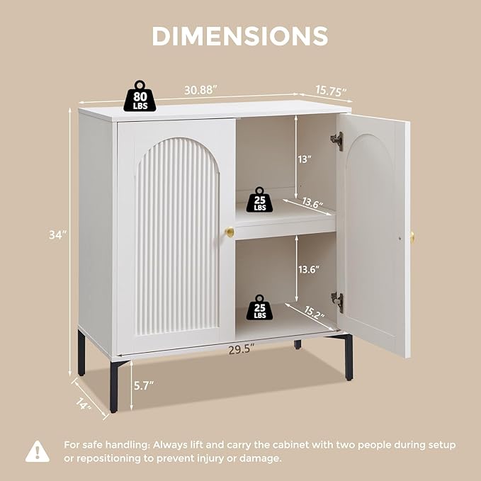 IFGET Modern Buffet Cabinet with Storage, 34" Tall Fluted Arched Sideboard Cabinet w/Adjustable Shelves, Wooden Modular Coffee Bar for Dining Room, Kitchen, Living Room, Entryway, White