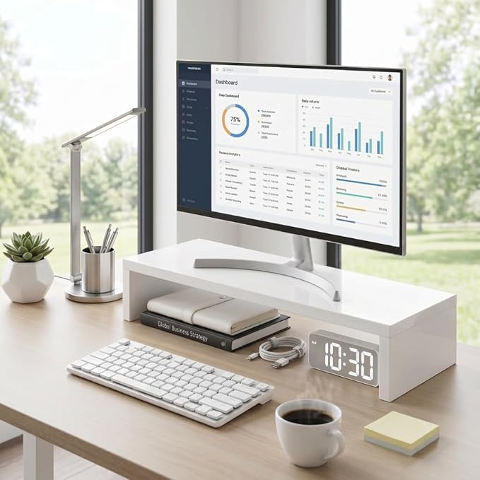 Wood Monitor Stand Riser for Desk - Ergonomic Computer & Laptop Stand with Under-Desk Storage, Single-Tier, Sturdy Desktop Organizer for Home Office, Printer & Monitor Holder, 19.7 x 6.2 x 2.63 in (White)