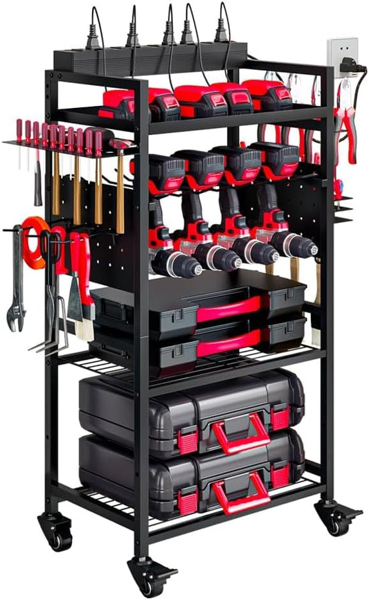 INGIORDAR Large Power Tool Organizer Cart with Charging Station, Garage Floor Standing Rolling Drill and Tools Battery Storage Cart on Wheels, Heavy Duty Utility Rack Shelf for Men, Husband, Father.