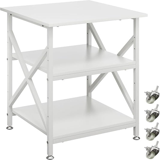 3 Tier Printer Stand, Large Table with Wheels, Rolling Cart with Height Adjustable Middle Storage Shelf, 23.6 x 23.6 x 30.3 Inches Shelf for Home Office, White