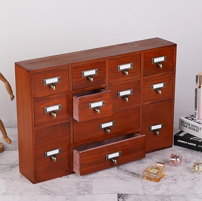 12 Drawers Apothecary Cabinet with Drawers Tabletop Apothecary Drawers Library Card Catalog Cabinet Medicine Cabinets Wood Desk Organizer Wooden Storage Box (Brown)