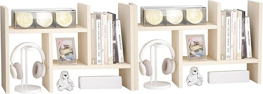 Jerry & Maggie Desktop Organizer Office Storage Rack Adjustable Wood Display Shelf Free Style Double H, Multi-Functional Mini Bookshelf for Desk Natural Stand (White Wood Tone/2 Pack)
