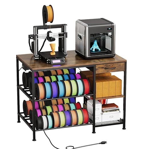 3D Printer Table with Filament Storage, 3-Tier 3D Printer Stand with Power Outlet & Drawer, Heavy Duty 3D Printer Rack for Workshop Studio Office (Brown)