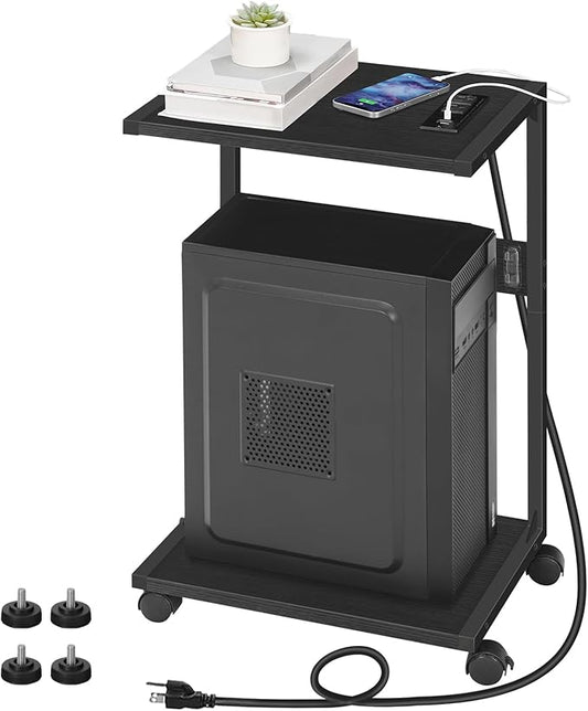 HOOBRO Computer Tower Stand, PC Stand with Charging Station, 2-Tier Under Desk CPU Holder with Lockable Wheels, PC Floor Cart Fits Most Computer Towers, for Home Office, Black BB01UCJ01G1