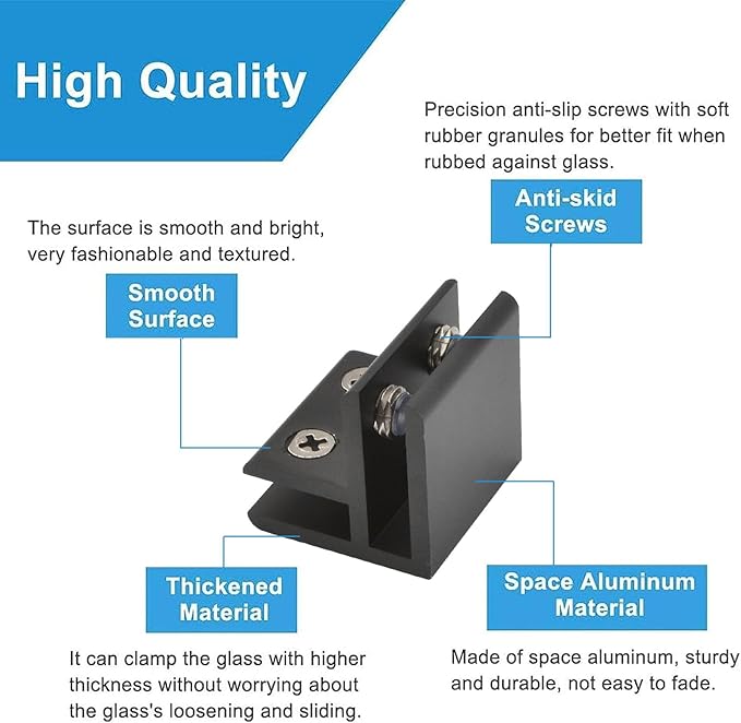 INCREWAY 4 Pcs Adjustable 90 Degrees Glass Clips Aluminum Alloy Shelf Support Bracket, Glass Holder Connector for 5-8mm Thick, Black