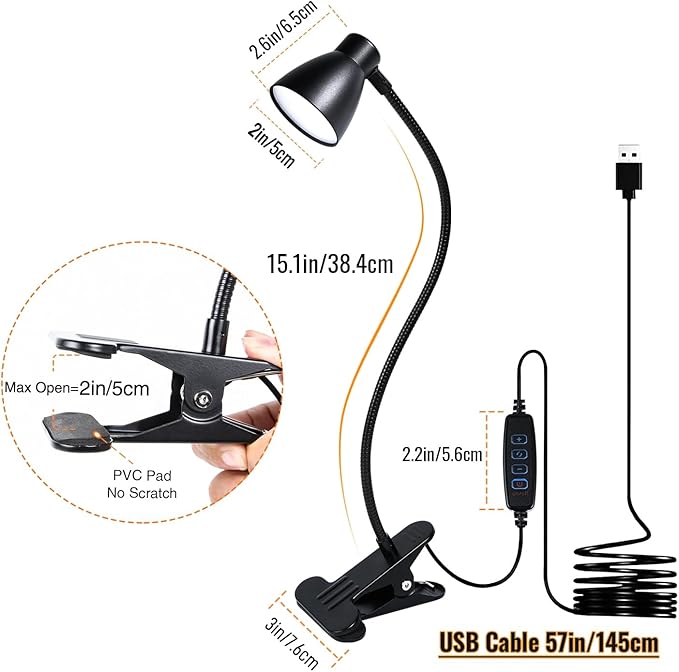 CRI 90+ Eye-Care Clip Light for Reading, 6W Small Clamp Lamp for Desk, Flexible Gooseneck Clip Lamp for Bed Headboard with 3 Color Modes & 10 Brightness(Adapter Include)