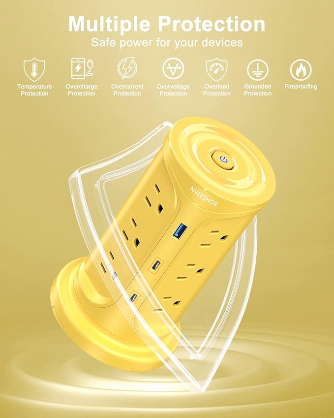 Tower Power Strips with Surge Protection, 6.5FT Flat Extension Cord with Multiple Outlets, 12 AC 4 USB Ports(2 Type C), Flat Plug Surge Protector Power Strip with Screw Wall Mount for Home Office Dorm