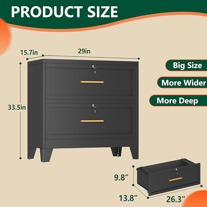 winiowa 2 Drawer File Cabinet, Metal Lateral File Cabinet with Lock, Locking Filing Cabinets for Home Office,Wide Office Storage Cabinet for Hanging Files Letter/Legal/F4/A4 Size (Black, 2-Drawer)