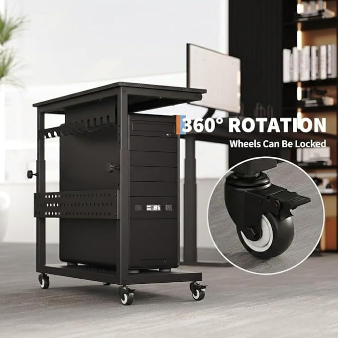 2-Tier Rolling Computer Tower Stand with Cable Management Rack, Height Adjustable CPU Holder Cart with Hooks for Gaming Home Office, PC Stand Fits Under Desk,Carbon Fiber Black