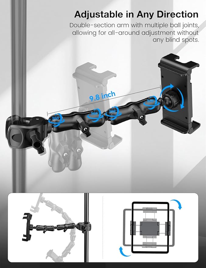 PLDHPRO Tablet Holder for Mic Stand,iPad Clamp Mount with Long Arm,360°Rotating Adjustable Tablet Mount for Microphone Stand,Fits 5.1"-15.6" iPad Pro 12.9, Galaxy,iPhone