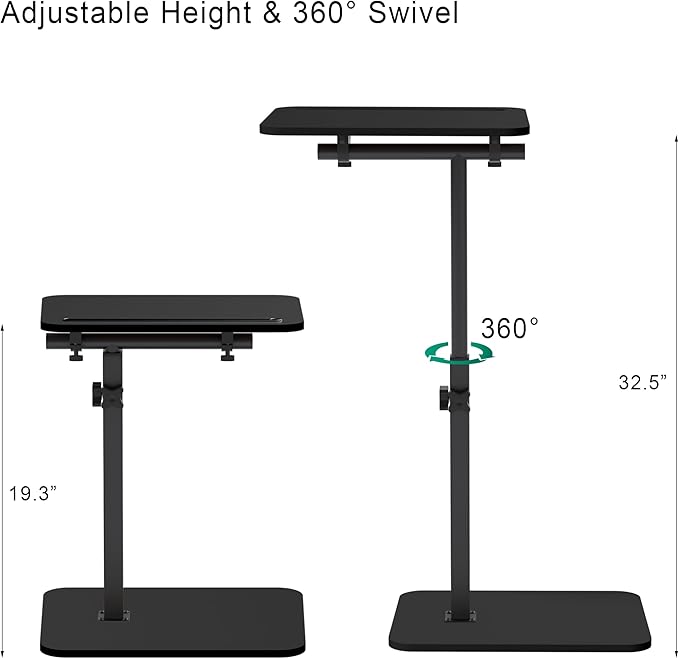 360° Swivel Sofa Side Table for Couch - Set of 2 - Adjustable Height Laptop Table for Work, TV Trays Table for Snacks Reading fits Bed Chair with Phone & Tablet Slot
