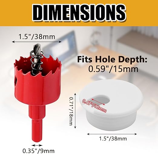 12 Pack 1-1/2 Inch White Desk Grommet, Plastic Cable Hole Cover Computer Table Cord Wire Organizer, Desktop Cord Management for Home Office/TV Stands Tabletops (with Hole Saw)