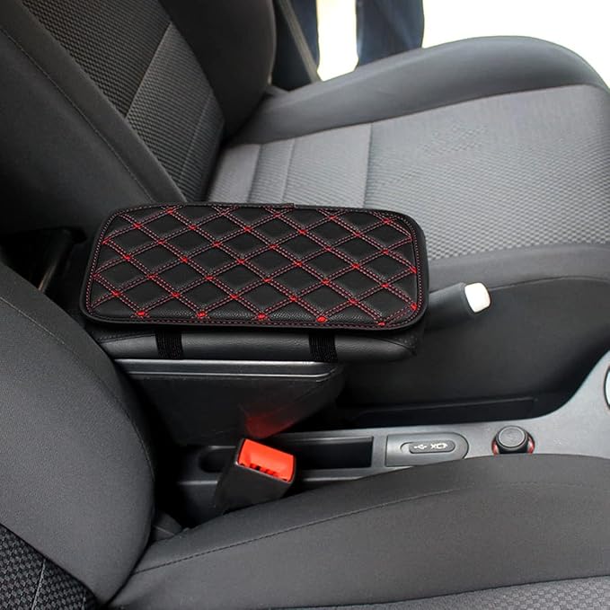 8sanlione Car Leather Center Console Cushion Pad, 11.4"x7.4" Waterproof Armrest Seat Box Cover Fit for Cars, Vehicles, SUVs, Comfort, Car Interior Protection Accessories (Black/Red-2)