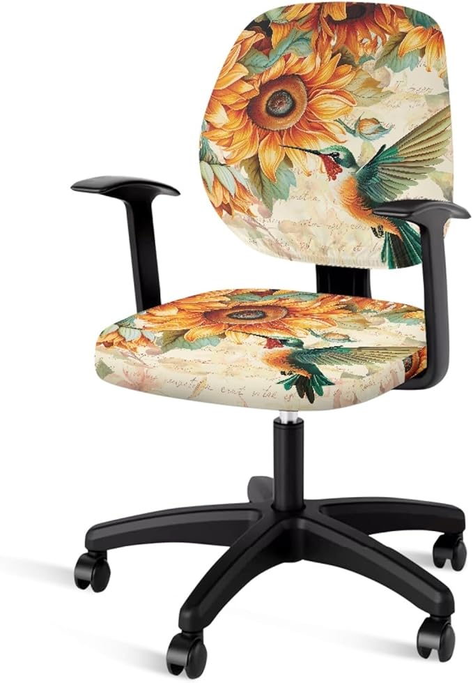 GLENLCWE Hummingbird Sunflower Stretch Desk Office Chair Seat Covers,Universal 2 Pack Computer Chair Slipcovers Washable Backrest Coverings and Cushion Covers