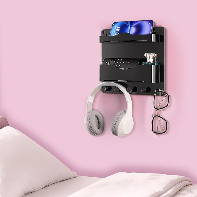 Bedside Wall Shelf with Glasses Hooks ，Adhesive Bedside Organizer Wall Mount for Dorm and Room Accessories Phone，Remote，Earphone， Kindle (Black)