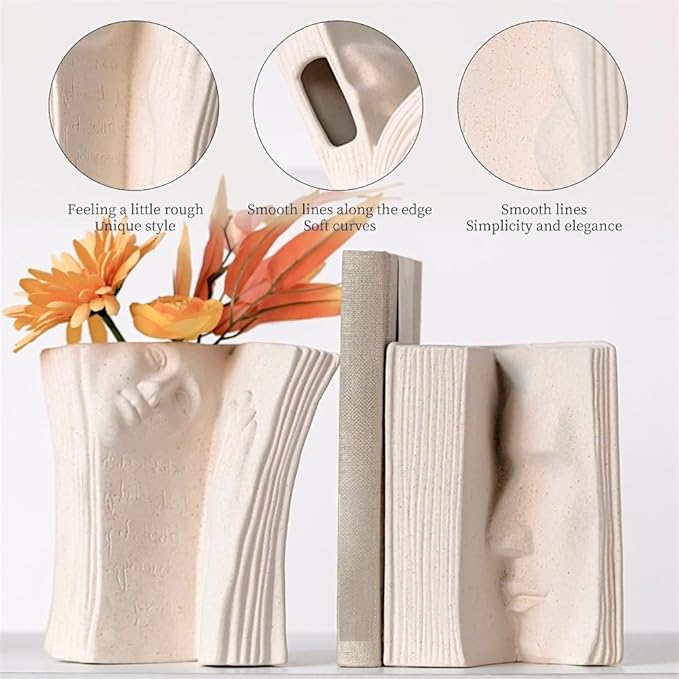 Ceramic Vase Bookends - Unique Decorative Bookend Flower Vases - Set of Two at 6.5in (16.5cm) Height - Cream White Matte Finish Modern Design - Aesthetic Home Office Library Decor