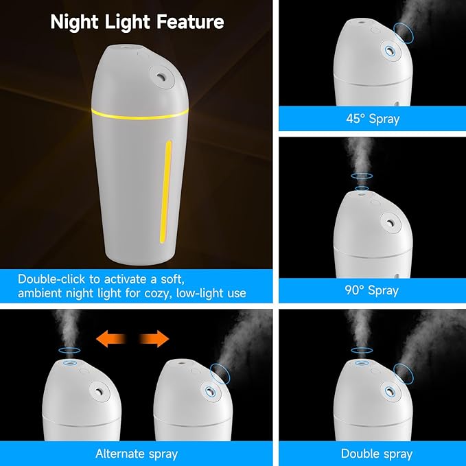 Battery Operated Portable Humidifier (Dual Nozzles)- Small Air Humidifiers for Bedroom, Plants, Office, Travel, Car, Cool Mist Humidifiers, 4 Mist Settings, Warm Night Light, Auto Shut-Off