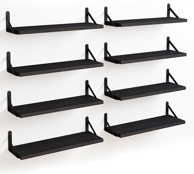Fixwal Floating Shelves, Width 4.7in Rustic Wood Wall Shelves Set of 8, Wall Storage Shelves for Bedroom, Living Room, Kitchen, Bathroom, Office and Plants (Black)