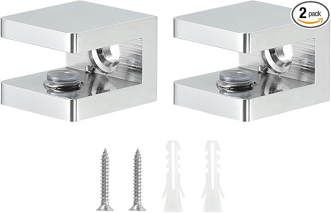uxcell Glass Shelf Clamp, 2Pcs Brass Glass Clamp for 5-8mm Thick Glass, Adjustable Glass Shelf Bracket Support Holder, Silver