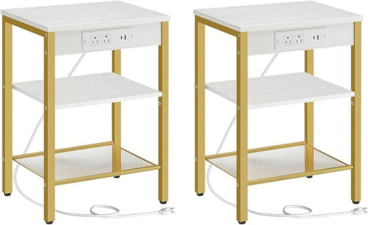 HOOBRO Side Tables Set of 2 with Charging Station and USB Port, Small End Tables for Small Space, 3-Tier Nightstands with Adjustable Shelf, for Living Room, Bedroom, White and Gold DW112BZP201G1