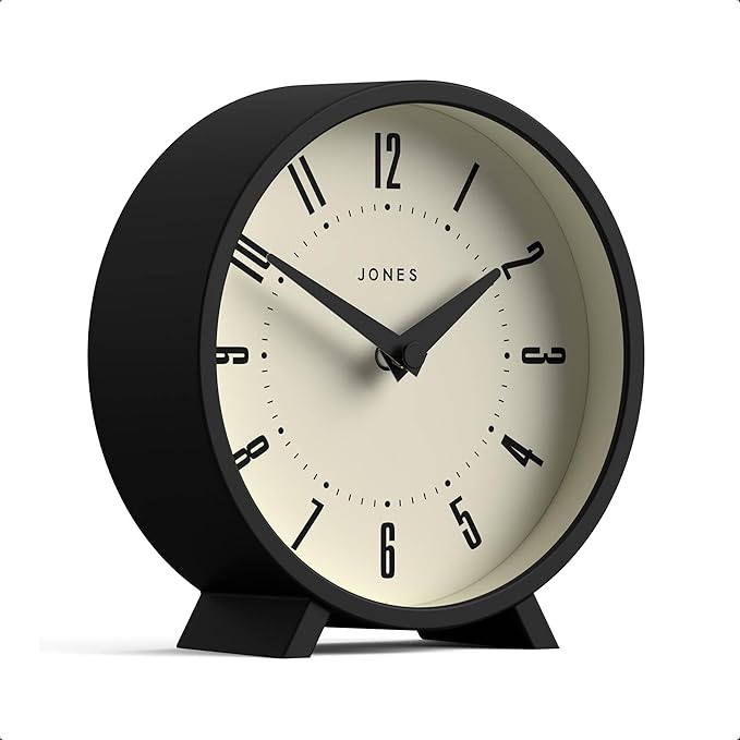 JONES CLOCKS® Venus Desk Clock | Modern Round Design | Black | Stylish Retro Look for Shelf, Table, Mantel or Bedside