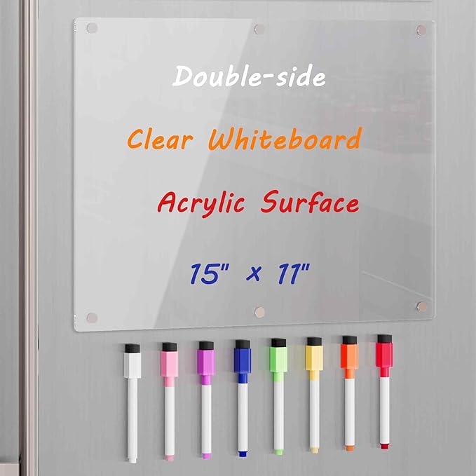 Neatsure Acrylic Magnetic Dry Erase Board for Fridge, Clear Whiteboard for Refrigerator, Notepad Memo to Do/Grocery List White Board, w/ 8 Colors Markers, 15"x11"