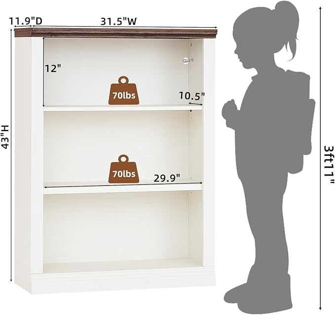 RWYHG 43" White Tall Bookshelf,3-Tier Thick Wooden Book Shelf with Adjustable Shelves,Free Standing Farmhouse Bookcase with Open Display Storage,Floor Vintage Bookshelves for Living Room,Office