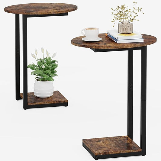 Hosfais Small Side Table Set of 2, C-Shaped Wood Sofa End Table with Metal Frame for Living Room, Bedroom, Small Spaces (Rustic Brown)