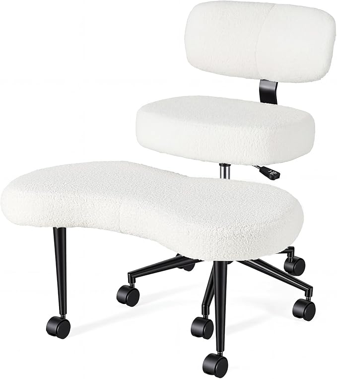 DUMOS Ergonomic ADHD Cross Legged Office Desk Chair with Adjustable Backrest, Height Adjustable Meditation Chair with 360° Swivel Footstool, Teddy Fabric Yoga Stool for Home Office, White