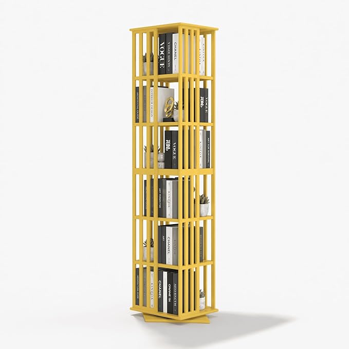 Lauxery Rotating Bookshelf Tower– 6 Tier 360° Spinning Bookshelf | Space-Saving Floor Standing Bamboo Revolving Bookcase for Small Space, Home Offices & Reading Corners | Gold