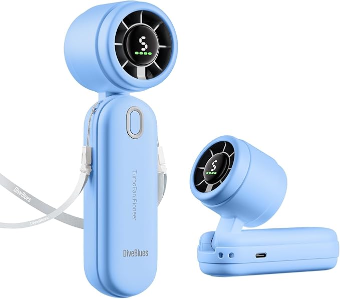 Diveblues Handheld Fan, 30ft/s Mini Portable Turbo Fan [12H Max Cooling], 4000mAh Personal Fan with LED Display, 3-in-1 Hand Held/Neck/Desk Fan for Travel, Cruise, Disney Essentials