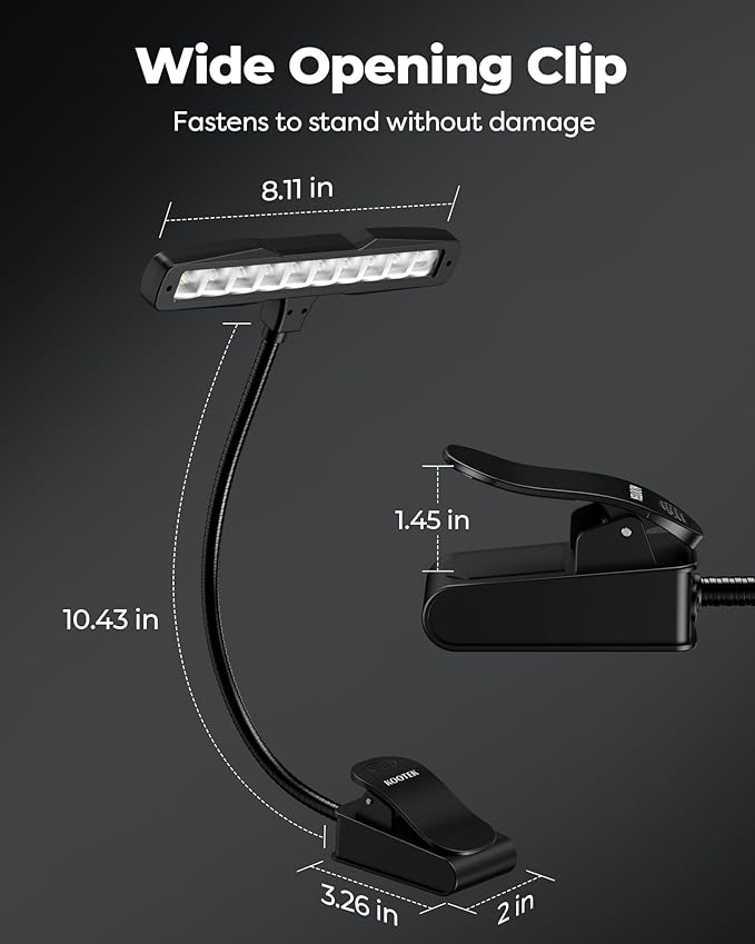 Kootek Music Stand Light, Eye Caring Clip-on Piano Lamp, 360° Flexible Gooseneck Adjustable Brightness USB Rechargeable for Sheet, Book Reading, Orchestra, Podium, Easel