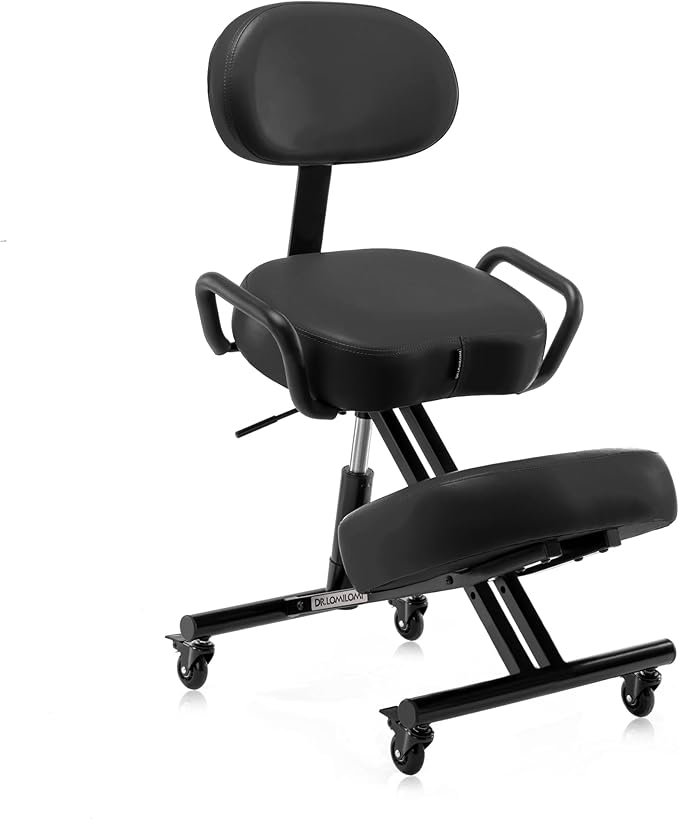 Ergonomic Kneeling Chair with Backrest, Improve Posture, Thick Cushions, Locking Wheels for Home & Office, AKONI 512B (Black)