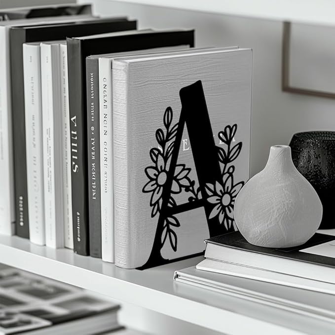 Peacoblue Metal Bookends for Shelves, Modern Decorative Heavy Duty Study Book Ends Stoppers for Office, Desk, Shelf, Room 5.3"x4.3"x7.1" Cast Iron Simple Tall Bookends 1 Pair (Letter A with Flower)